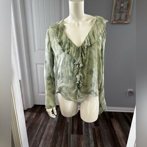 Free People Green Ruffled Tie Front Blouse